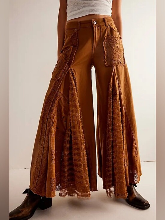 We The Free Denim - We The Free Great Escape Wide Leg Jeans | Rust Brown | Lace Inset | Size 29